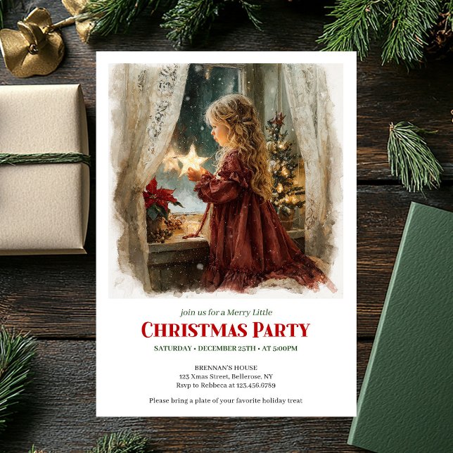 Menina fofa aguarda convite de Natal impresso para (Cute girl awaits Santa printable Christmas invitation)