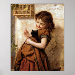 Menina, gato do gatinho & impressão do poster