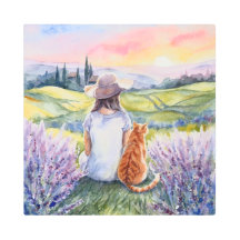 Menina & Gato Persa Paisagem de Provence Aquarela