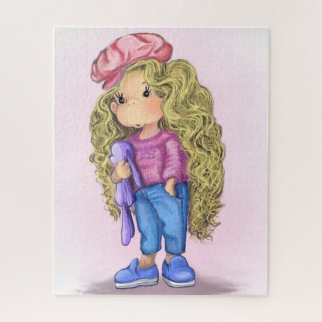 Menina loira com Quebra-cabeça de Brinquedo coelho (Vertical)