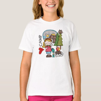 Menina loura eu amo o t-shirt de acampamento da