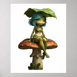 Menina Sapo Fofa Sentada em Poster de Cogumelo