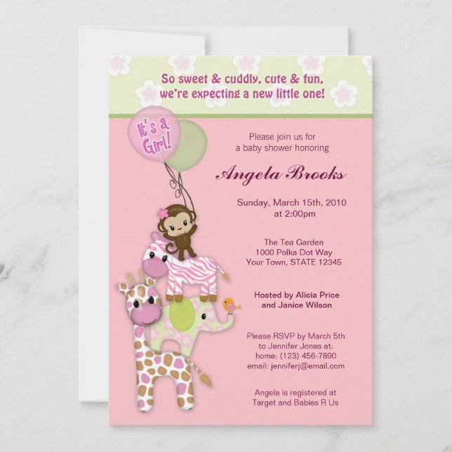 Menina Selva Safari Animal Baby Shower Convites (Frente)