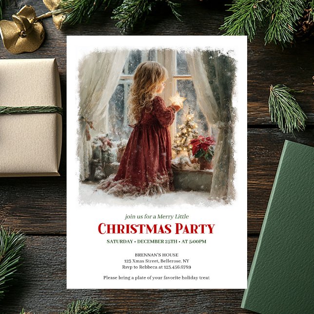 Menina serena aguarda convite de Natal editável (Serene girl awaits Santa editable Christmas invitation)
