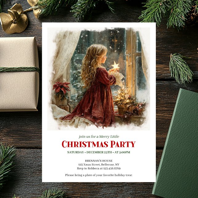 Menina simples espera convite de Natal editável de (Simple girl awaits Santa editable Christmas invite)