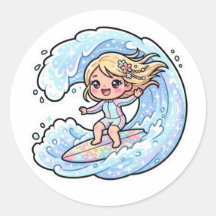 Menina Surfista Fofa Kawaii Adesivo de Onda do Oce