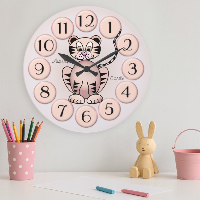 Menina, Tigre, Rosa, Princesa, Relógio de Parede (Lovely wall clock for a girls room or nursery featuring a cute big cat tiger image in girly pink)