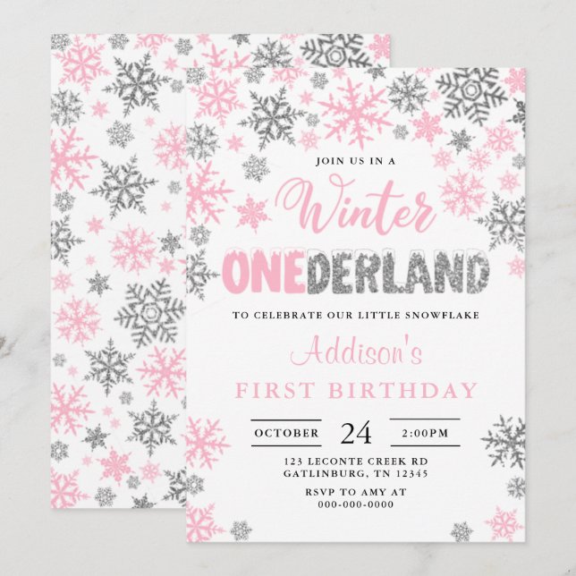Menina Winter Onederland Primeiro Convite de Anive (Frente/Verso)