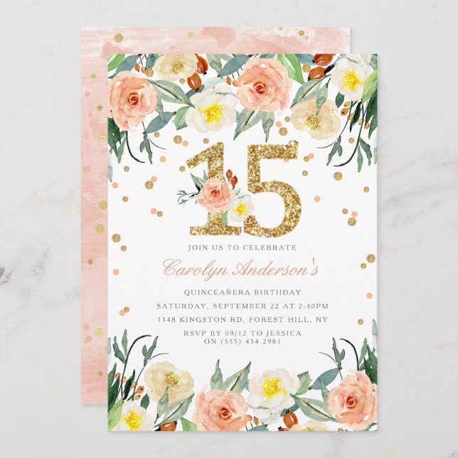 Meninas Florais Elegantes 15 Convites de Aniversár (Frente/Verso)