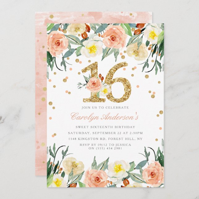 Meninas Florais Elegantes Doce 16 Convites de Aniv (Frente/Verso)