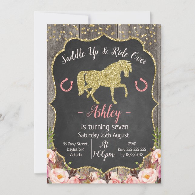 Meninas Floral Horse Convite de Aniversário (Frente)
