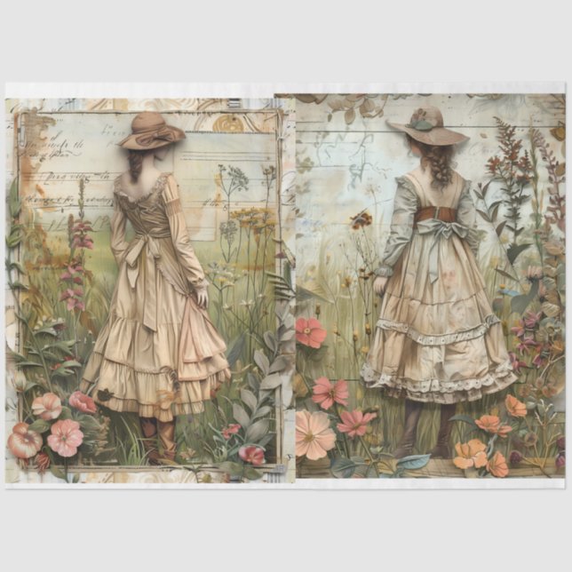 Meninas No Papel Tecido De Decoupage De Jardim (Frente )