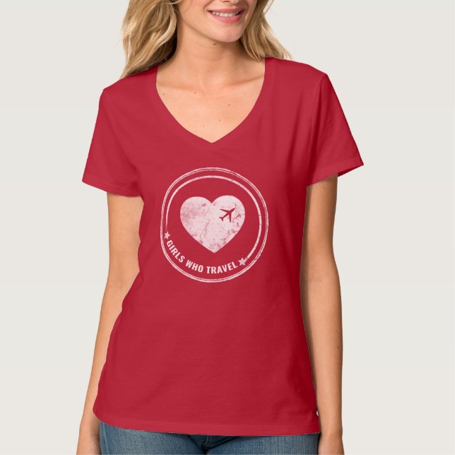 Meninas que viajam t-shirt do V-Pescoço (Frente)
