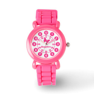 Meninas rosa e branco adicionam seu nome, relógio 