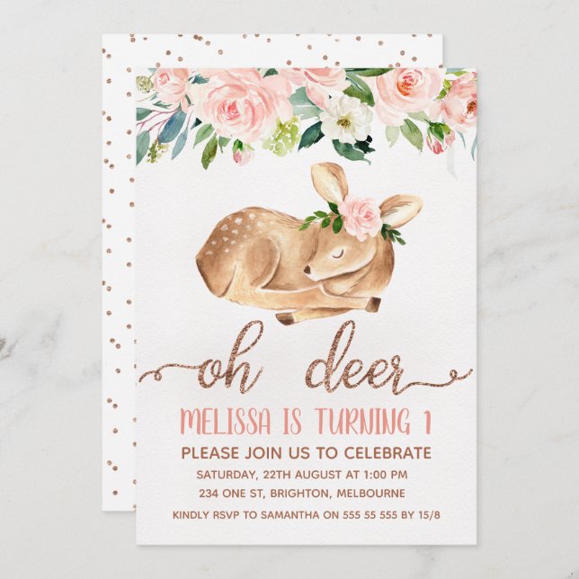 Meninas Rosa Oh Deer Convite de aniversário (Frente/Verso)