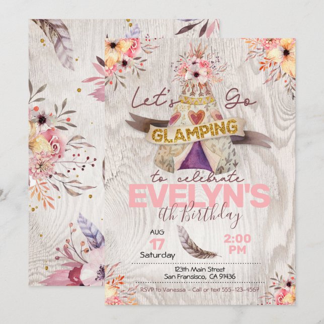 Meninas Sleepover convite, Convite para Glamping (Frente/Verso)