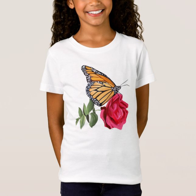 Meninas T-Shirt com Borboleta Monarca na Rosa verm (Frente)