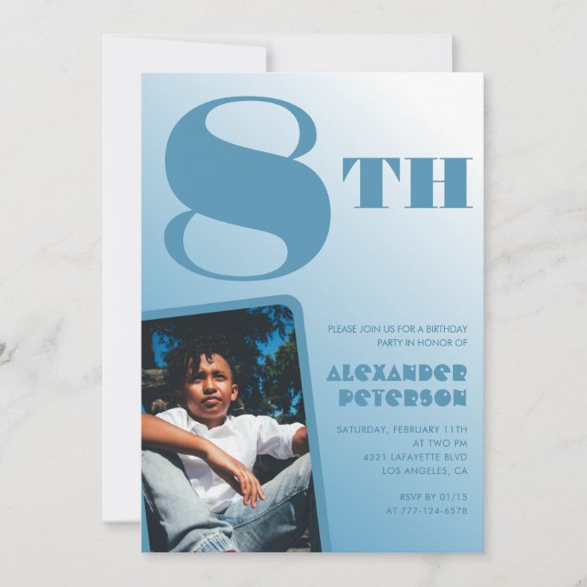 Menino 8º aniversário convites Blue Photo (Frente)