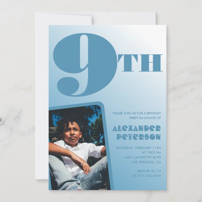 Menino 9.º aniversário convites Blue Photo (Frente)