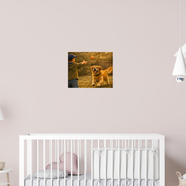 Menino Brincando de Buscar com Cachorro Poster de  (Berçário 2)