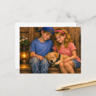 Menino, Menina e Cachorrinho — Cartão Postal de Cl
