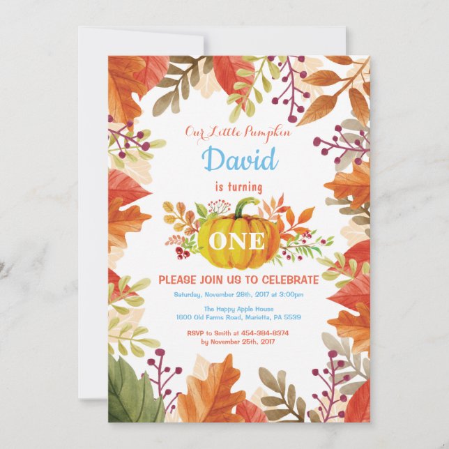 Menino Pumpkin Fall Aniversário Convite (Frente)