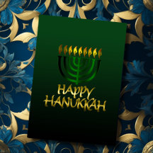 Menorah Verde-Escuro Dourado Chama Feliz Cartão Ha