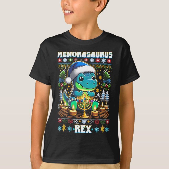 Menorasaurus Rex Dino Trex Suéter Feio de Natal  (Frente)