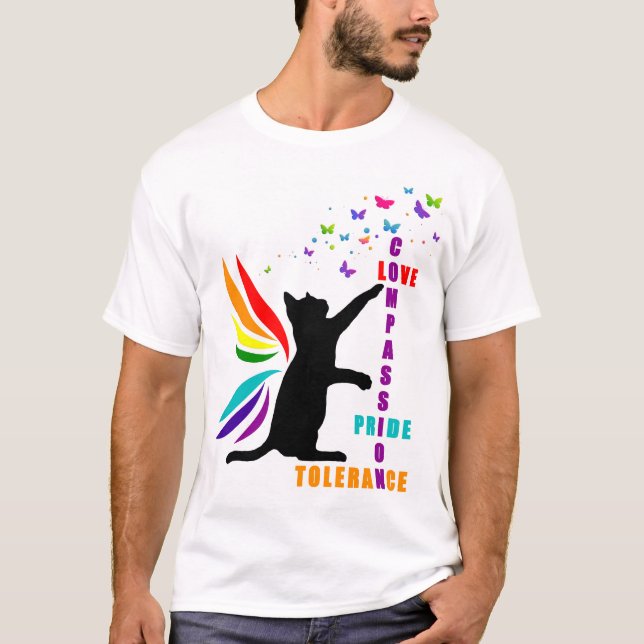 Mens Rainbow Pride Cat e Butterfly T-Shirt (Frente)