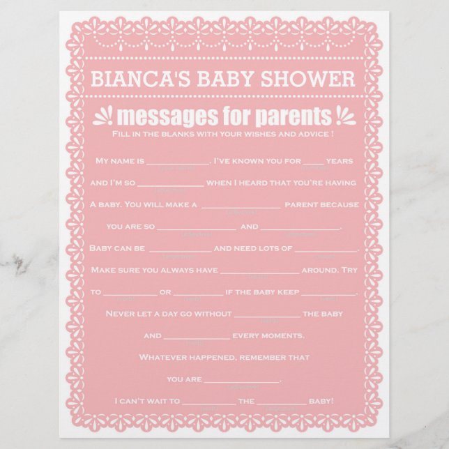 Mensagens para pais cor-de-rosa Papel Picado Chá d (Frente)