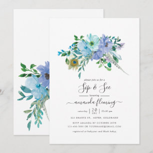 Menta e Floral Boho em Aquarela Azul Convite Sip a
