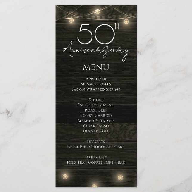 Menu 50.º aniversário de casamento Madeira e Luzes russ (Frente)