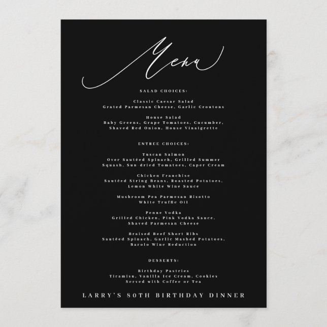 Menu 5 x 7 Elegant Black White Calligraphy Birthday (Frente)
