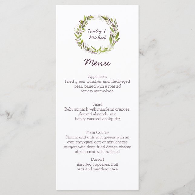 Menu A grinalda com verde sae bagas escuras da ameixa (Frente)