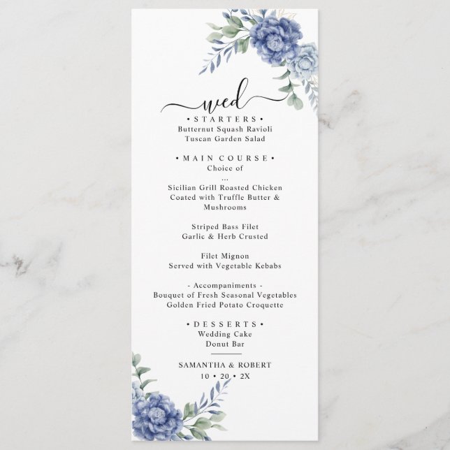 Menu Abastecimentos de Casamentos Vermelhos Azuis Elega (Frente)