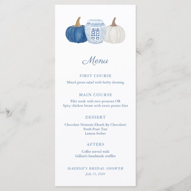 Menu Abóboras de Chinoiserie Azul e Branco no Chá de No (Frente)