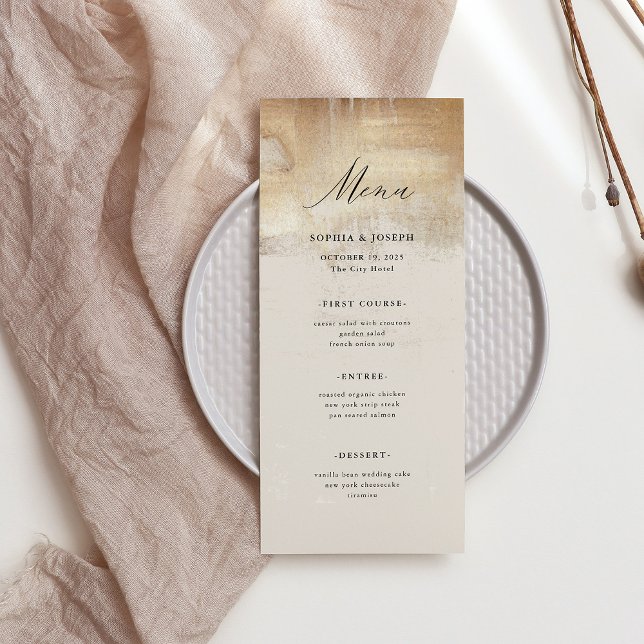 Menu Abstrato ouro | Casamento Elegante (An elegant, neutral colored wedding menu with faux gold abstract accents)
