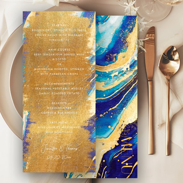 Menu Abstrato Royal Marinho Blue e Dourado Casamento Co (Criador carregado)
