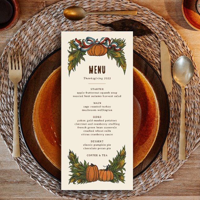 Menu Ação de Graças de Colheita de Americanas Quentes (autumn harvest thanksgiving dinner menu with illustrated swags of corn stalks, pumpkin and ribbon)