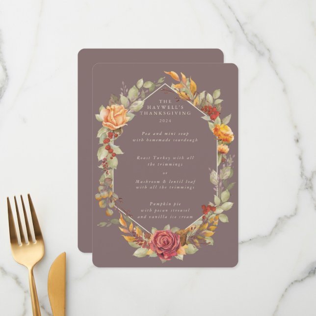 Menu Ação de Graças Frame Floral Flat 3 Curso (Frente/Verso In Situ)