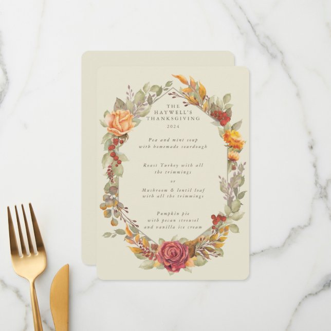 Menu Ação de Graças Frame Floral Flat 3 Curso (Frente/Verso In Situ)