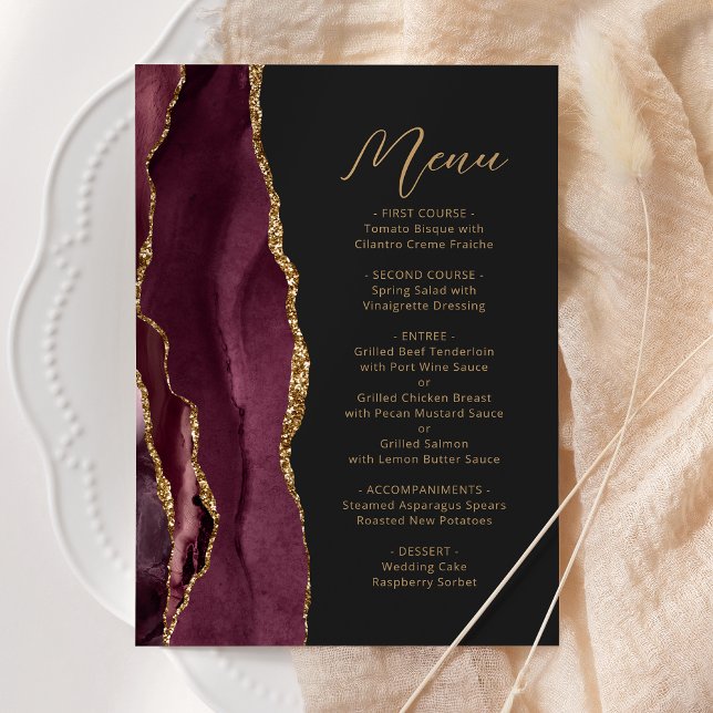 Menu Ágata Borgonha Dourado Script Casamento Escuro (Criador carregado)