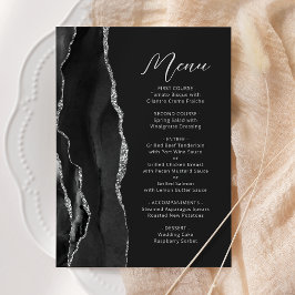 Menu Ágata Preta Escrita Moderna Prata Casamento Escuro