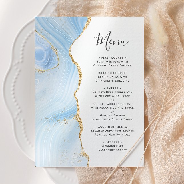 Menu Agate Geode Baby Blue Glitter Casamento Dourado (Criador carregado)