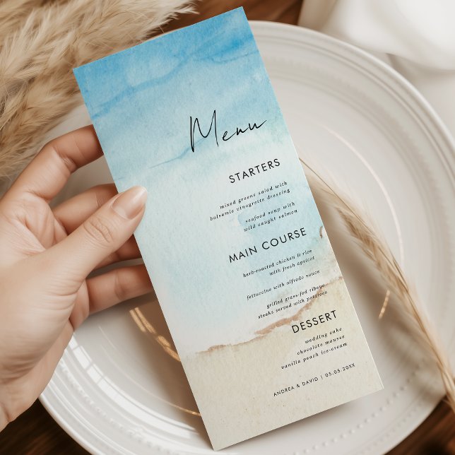 Menu Água azul Aquarela Oceano Praia Areia Jantar de Ca (Criador carregado)