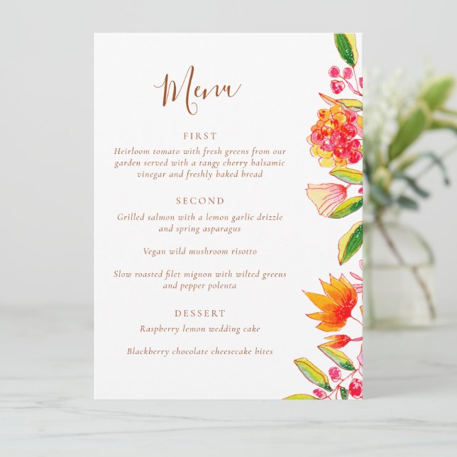 Menu Água Rosa Laranja Floral Casamento Jantar (Em pé/Frente)