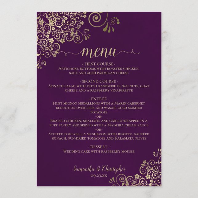 Menu Alças Douradas Elegantes no Casamento com Púrpura  (Frente)