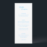 Menu Alexis Blue Elegant Modern Wedding<br><div class="desc">Menu de casamento moderno com um design simples com "NOSSO menu" em uma combinação de um roteiro elegante com uma fonte moderna sans serif. As costas têm sua foto,  nomes e data de casamento.</div>