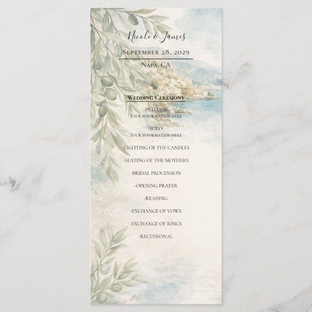 Menu Amalfi Reverie Mediterranean Coast Wedding Program (Frente)