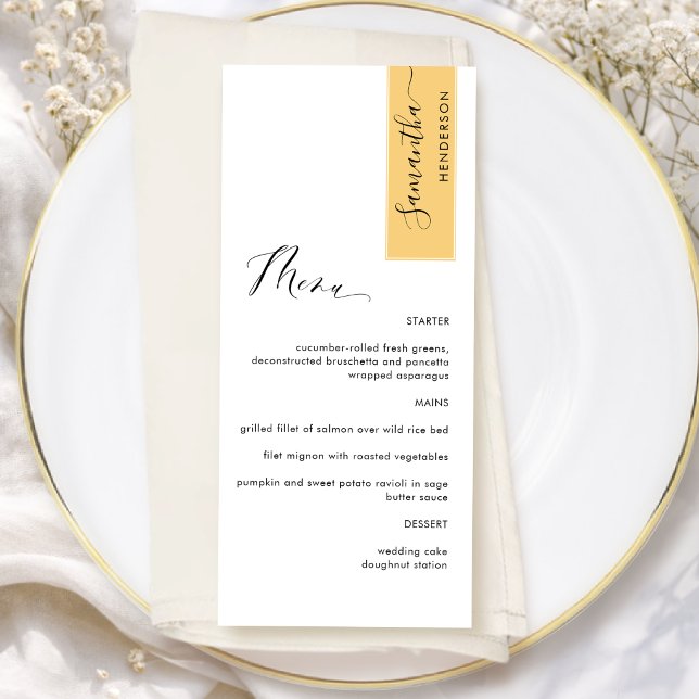 Menu Amarelo Personalizado com Nome do Convidado Cardáp (Criador carregado)